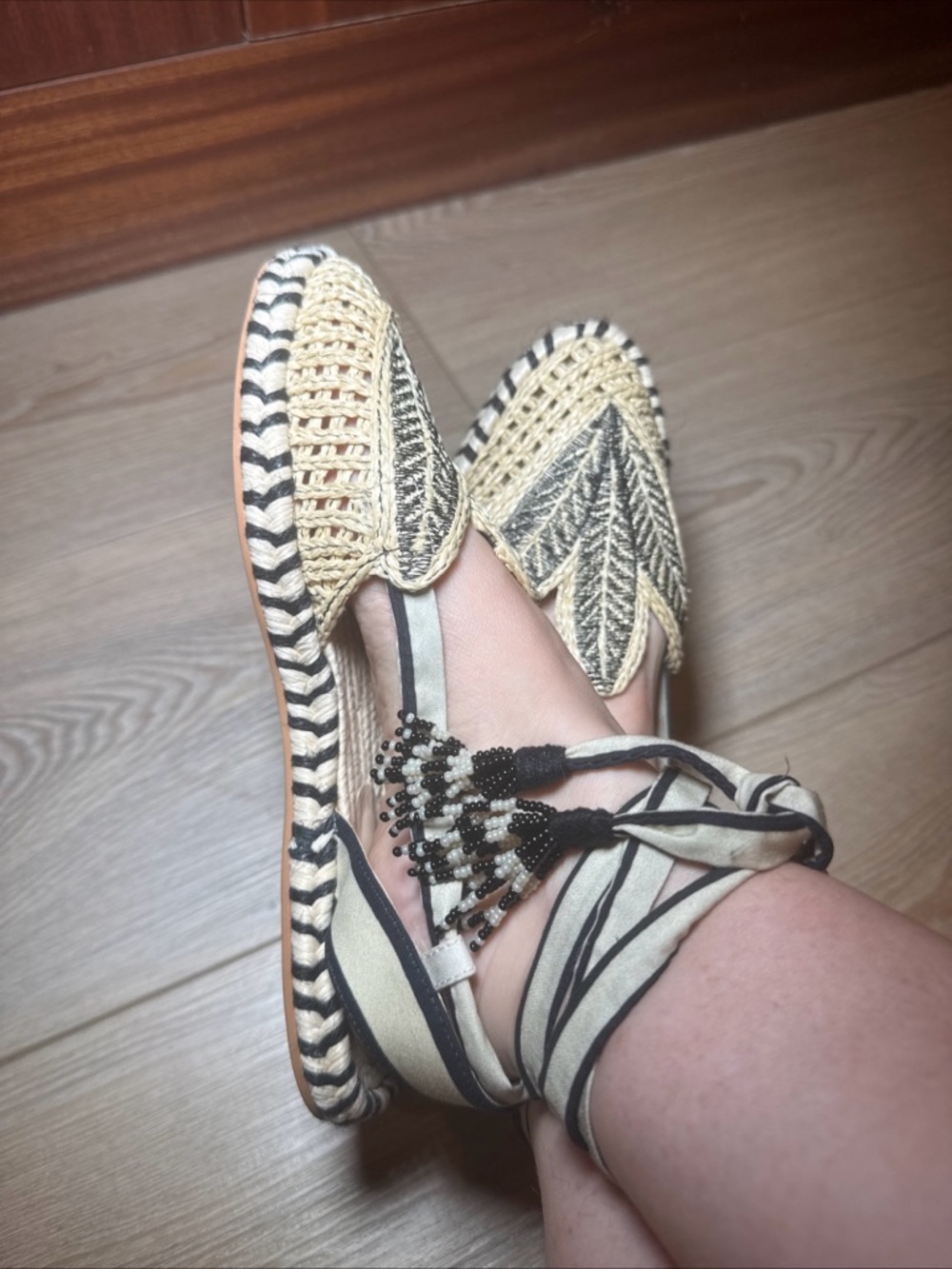 FARM RIO Black Tree Woven Espadrille Flats w/ Bead Tassels + Ankle Straps NWOT